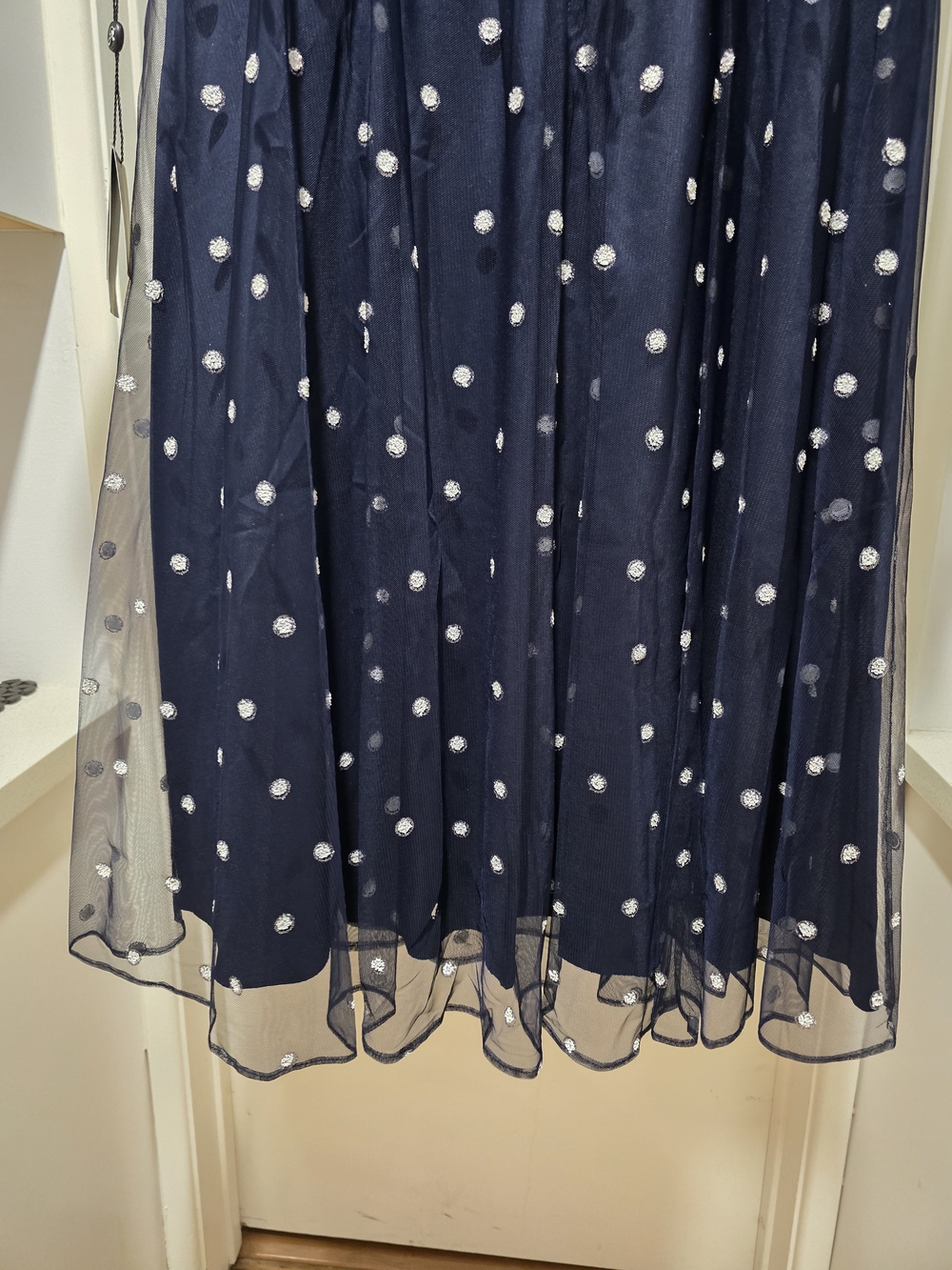 Navy With White/Glitter Polka Dots Mesh Midi Dress - Elegant Women's Party Dress - Picture 7 of 13
